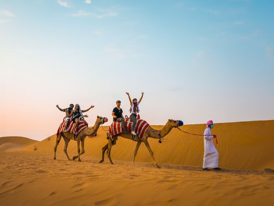 abu dhabi desert safari with family on camels in dubai